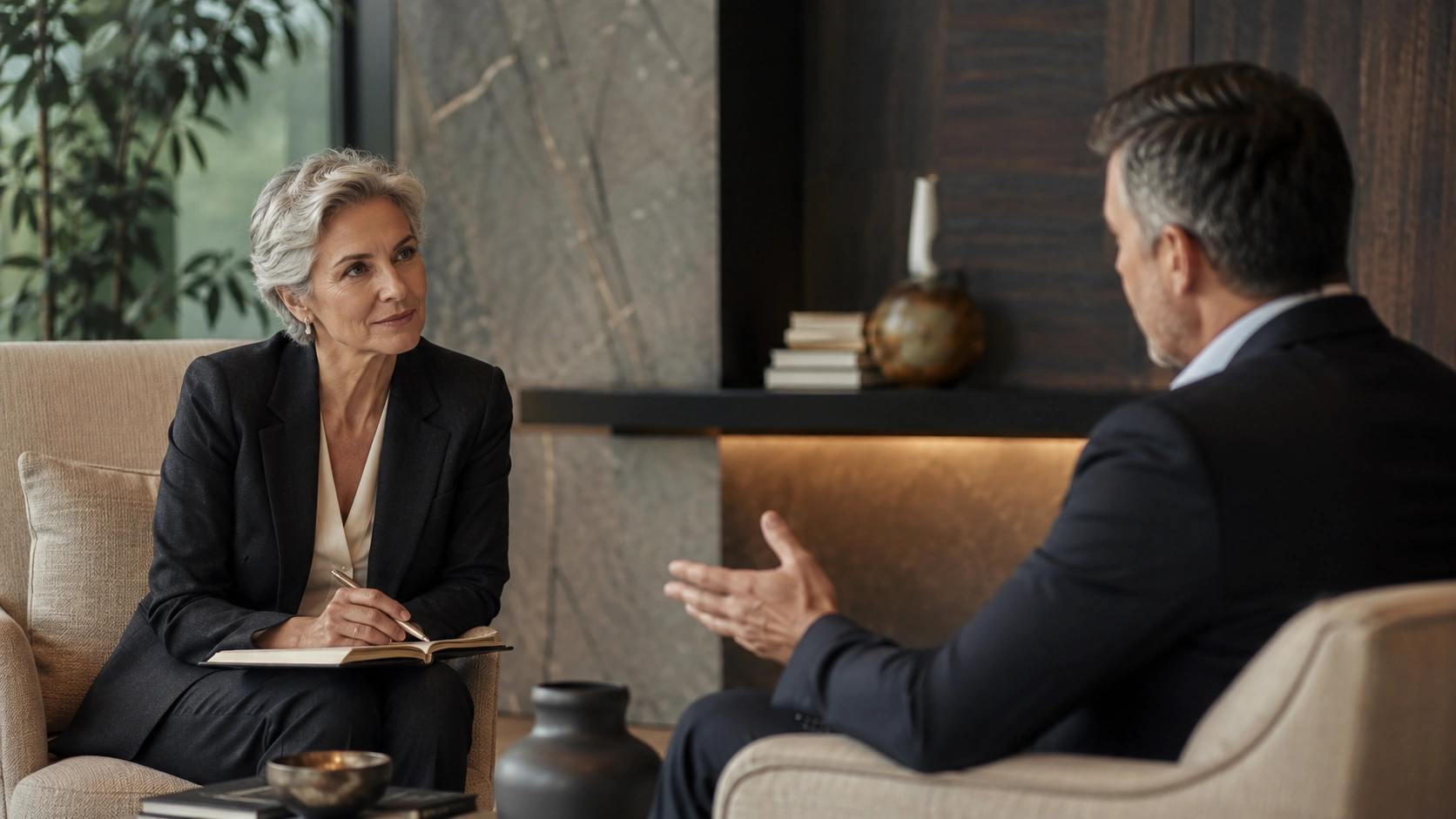 Executive coaching conversation in a premium executive office