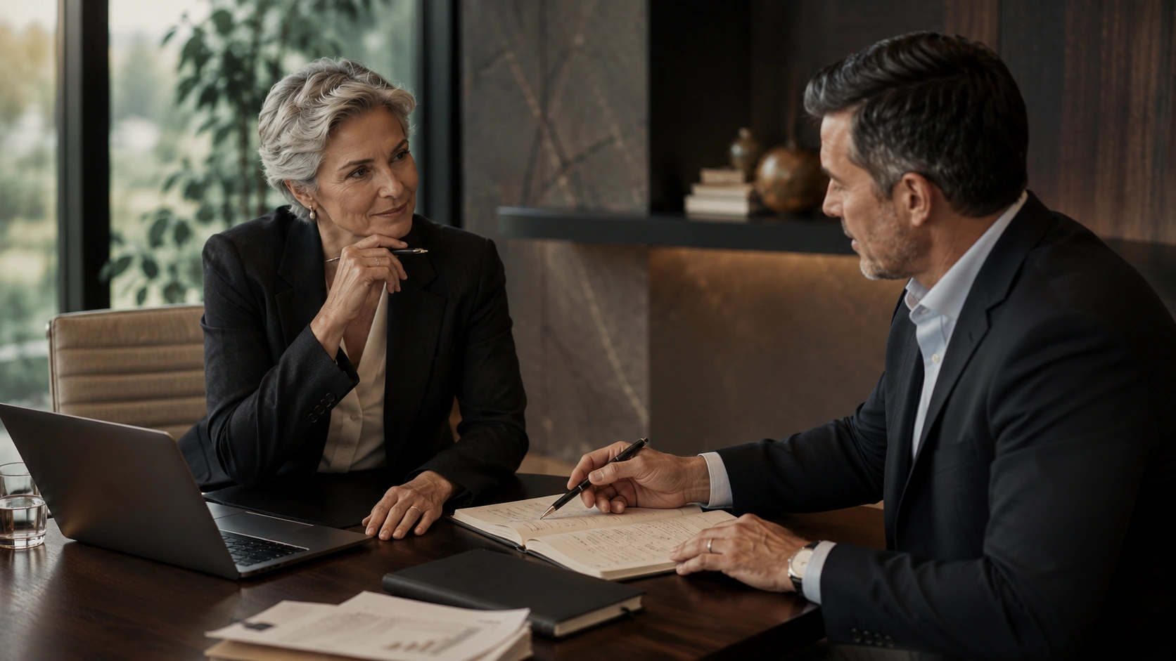 Executive coach and senior leader discussing business decisions